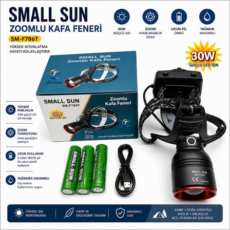 Small Sun SM-F786T 30W 3000 Lümen Zoomlu Sensörlü Şarjlı Kafa Feneri  (Yedek Bataryalı)