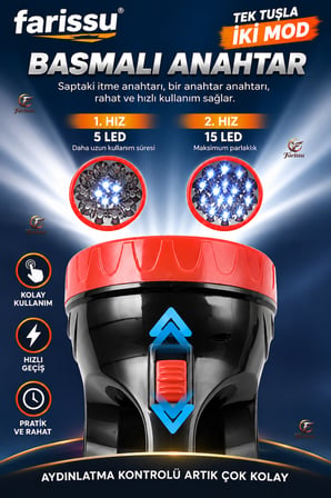15 LED Şarj Edilebilir El Feneri Projektör – 2 Kademeli Uzun Menzilli Güçlü Işıldak