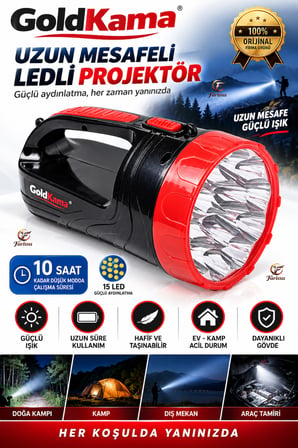 15 LED Şarj Edilebilir El Feneri Projektör – 2 Kademeli Uzun Menzilli Güçlü Işıldak