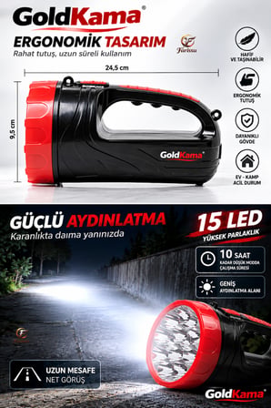 15 LED Şarj Edilebilir El Feneri Projektör – 2 Kademeli Uzun Menzilli Güçlü Işıldak