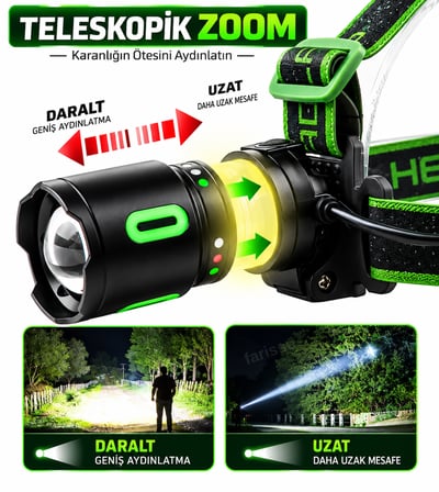30W 3000 Lümen Teleskopik Zoomlu Şarjlı Kafa Lambası – 3600 mAh (3x18650 Pilli) 1 KM Menzilli