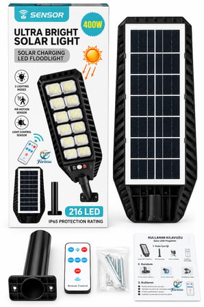 400W 216 LED Güneş Enerjili Solar Dış Mekan Bahçe & Sokak Projektörü Uzaktan Kumandalı Sensörlü