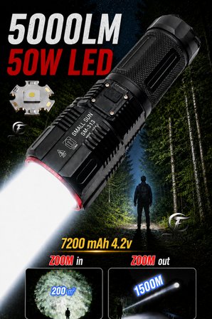SM-313 50W 5000 Lümen Profesyonel Şarjlı El Feneri - 1.5 KM Menzilli & 7200 mAh Güçlü Batarya Seti