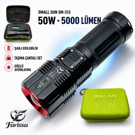 SM-313 50W 5000 Lümen Profesyonel Şarjlı El Feneri - 1.5 KM Menzilli & 7200 mAh Güçlü Batarya Seti