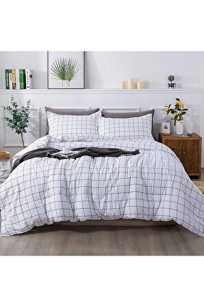 Plaid Nevresim Takımı Çift Kişilik 200x220 - Beyaz