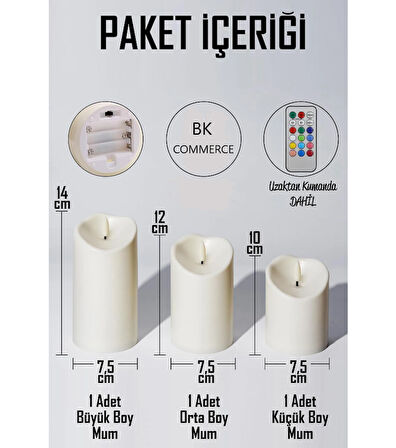 Led Mum Küçük Orta Büyük Pilli Dumansız Alev Dekoratif Yapay Mum 3LÜ SET 12 RENK 3 MOD Kumandalı