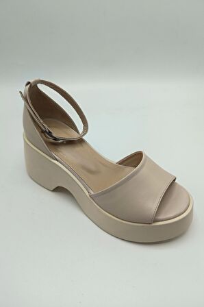 Melissa Yuvarlak Burun Bilekten Bağlamalı Bej Platform Taban Hakiki Deri Kadın Sandalet