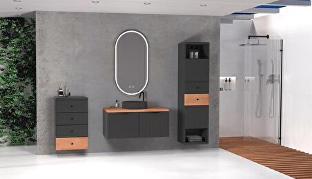 BELISSIMO 100 CM ANTRASİT LAVABOLU BANYO DOLABI  ANTRASİT /  KAYIN - YAN ÜNİTE VE BOY DOLAP DAHİL