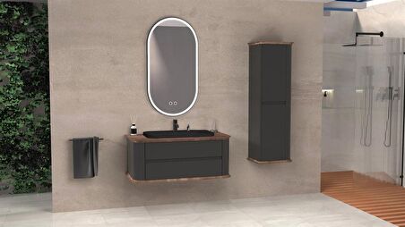 PIER 100 CM SİYAH LAVABOLU BANYO DOLABI ANTRASİT / KAYIN - BOY DOLAP DAHİL