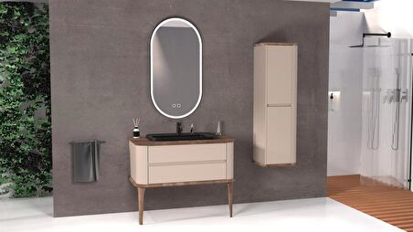 PIER 100 CM SİYAH LAVABOLU BANYO DOLABI VİZON / KAYIN  - BOY DOLAP DAHİL