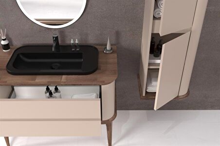 PIER 100 CM SİYAH LAVABOLU BANYO DOLABI VİZON / KAYIN  - BOY DOLAP DAHİL