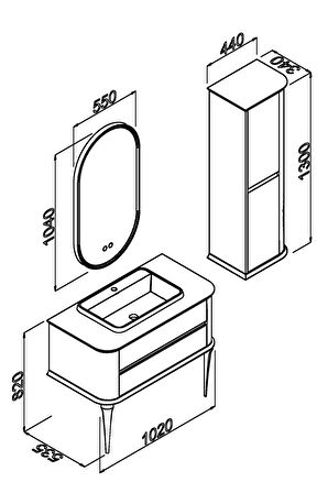 PIER 100 CM SİYAH LAVABOLU BANYO DOLABI VİZON / KAYIN  - BOY DOLAP DAHİL