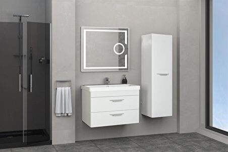 MARİA 80 CM BANYO DOLABI LED MERCEK AYNALI BEYAZ - BOY DOLAP DAHİL
