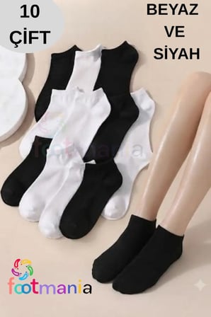 Kadın Siyah Ve Beyaz 10 Çift Patik Çorap Seti Patik Çorap