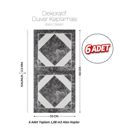 30X60 cm Kendinden Yapışkanlı Duvar,banyo,tezgah Arası Kaplama Karo Desen 6 Adet