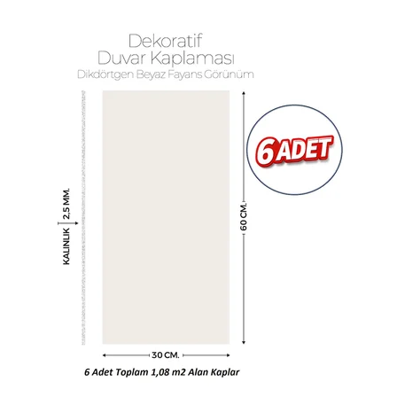 30X60 cm Kendinden Yapışkanlı Duvar,banyo,tezgah Arası Kaplama Kırık Beyaz 6 Adet