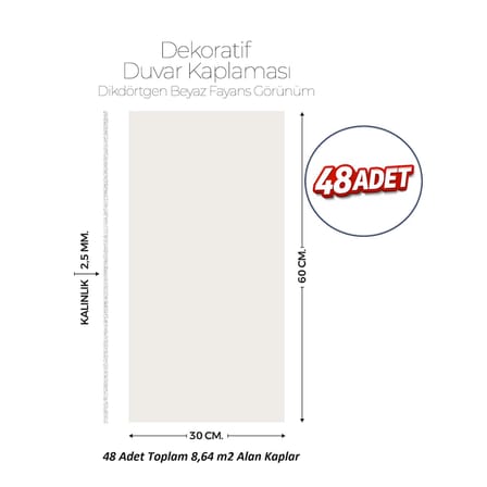 30X60 cm Kendinden Yapışkanlı Duvar,banyo,tezgah Arası Kırık Beyaz Desen -48 Adet