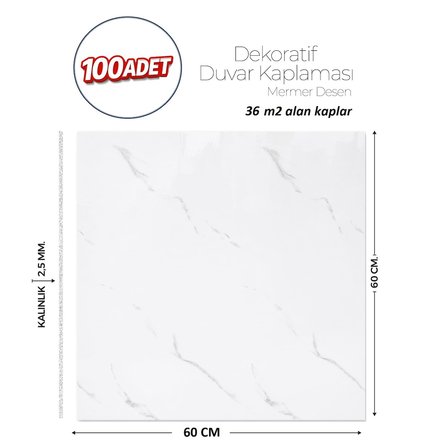 Brano Home 60X60 cm Kendinden Yapışkanlı Duvar,banyo,tezgah Arası Beyaz Mermer-100 Adet