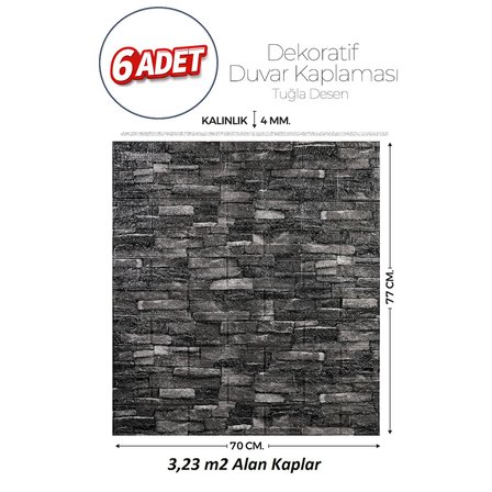 Brano Home 70X77 cm Kendinden Yapışkanlı Kabartmalı, Gri Kiremit Desenli duvar kaplama 6 Adet