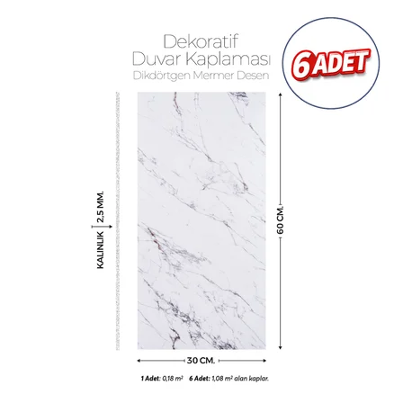 30X60 cm Kendinden Yapışkanlı Duvar,banyo,tezgah Arası Kaplama Açık Mermer Desen 6 Adet