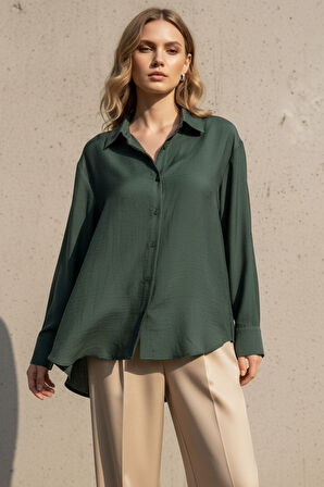 Regular Zümrüt Yeşili Jakarlı İpeksi Yumuşaklıkta Dokulu Kadın Gömlek Modal Kadın Gömlek,