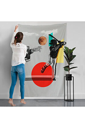 Beyzbol Sporcusu ve Kamera Tutan Retro Eller Duvar Örtüsü-7917