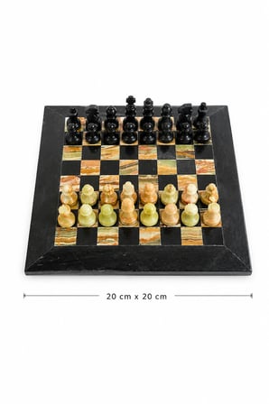 El Yapımı Siyah & Yeşil Oniks Doğal Taş Satranç Takımı 20x20 cm (8 İnç) | Dekoratif Mermer Satranç Seti | Hediyelik Premium Satranç