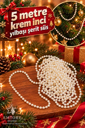 Krem İnci 5 Metre Şerit Toplu Yılbaşı Ağaç Süsü - Yılbaşı Dekor -  Yılbaşı Süsleme Boncuk Şerit 6mm