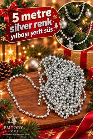 5 Metre Silver Şerit Toplu Yılbaşı Ağaç Süsü - Yılbaşı Dekor -  Yılbaşı Süsleme Boncuk Şerit 6mm