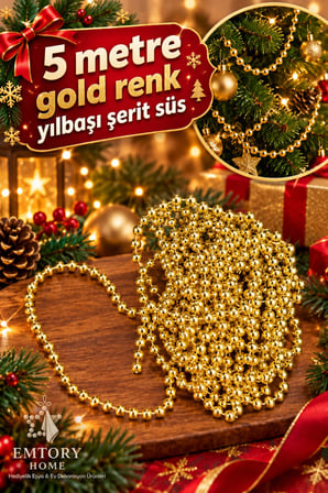 5 Metre Gold Şerit Toplu Yılbaşı Ağaç Süsü - Yılbaşı Dekor - Yılbaşı Süsleme Boncuk Şerit 6mm
