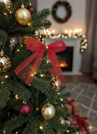 5 Adet BüyükBoy - Kırmızı Fiyonk Kurdele - Gold Detaylı - 13x15cm - Yılbaşı Süsü - Yılbaşı Ağaç Süsü