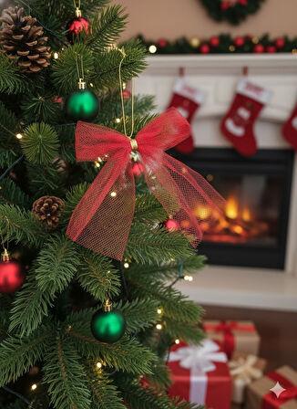 5 Adet BüyükBoy - Kırmızı Fiyonk Kurdele - Gold Detaylı - 13x15cm - Yılbaşı Süsü - Yılbaşı Ağaç Süsü