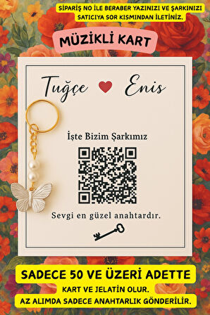 Kalpli Karekodlu Kart  - 10 Adet Kelebek Anahtarlık - Kına Hediyesi -Nikah Hediyesi - Nişan Hediye