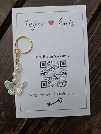 Kalpli Karekodlu Kart  - 10 Adet Kelebek Anahtarlık - Kına Hediyesi -Nikah Hediyesi - Nişan Hediye