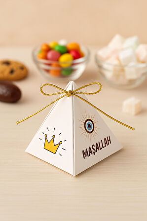 60 Adet Nazar Maşallah Sünnet Hediye Kutusu - Mevlid Hediye - Lokum Kutusu - Piramit Şeker Kutusu