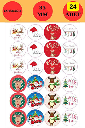 24 Adet - Geyik & Noel Şapkalı Sticker - Yılbaşı Sticker - Paketleme Sticker - Yılbaşı Süsü - Yılbaş