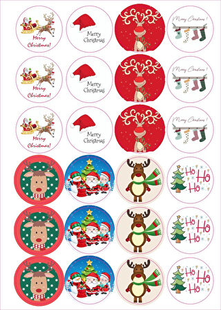 24 Adet - Geyik & Noel Şapkalı Sticker - Yılbaşı Sticker - Paketleme Sticker - Yılbaşı Süsü - Yılbaş