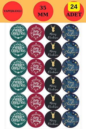 24 Adet - Deer & Merry Christmas Sticker - Yılbaşı Sticker - Yılbaşı Süsü - Paketleme Sticker 