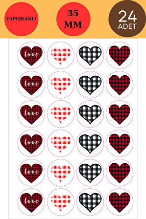 24 Adet - Kalp Ekose Sticker - Hediye Sticker - Notebook Sticker - Defter Sticker - Yılbaşı Süsü