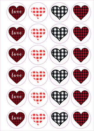 24 Adet - Kalp Ekose Sticker - Hediye Sticker - Notebook Sticker - Defter Sticker - Yılbaşı Süsü
