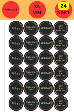 24 Adet - Siyah Gold Teşekkürler ve Handmade Sticker - 4 Çeşit - Gold Sticker - Siyah Sticker 