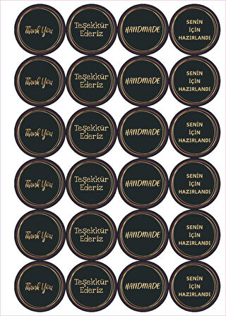 24 Adet - Siyah Gold Teşekkürler ve Handmade Sticker - 4 Çeşit - Gold Sticker - Siyah Sticker 