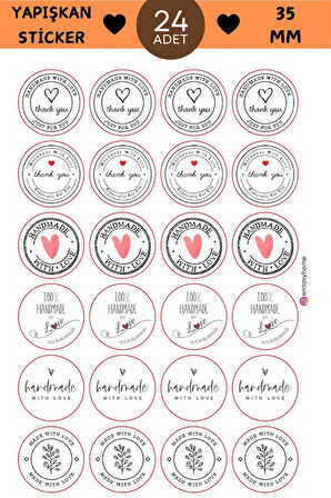 24 Adet - Beyaz Handmade Love Kolaj Sticker - Paketleme Sticker - Hediye Paketi - Love Sticker