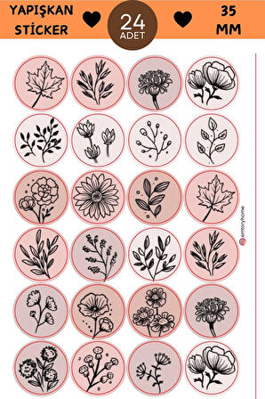 24 Adet - Pink Autumn Sprint Sticker - Hediye Paketi Sticker - Pembe Çiçek Sticker - Yaprak Sticker