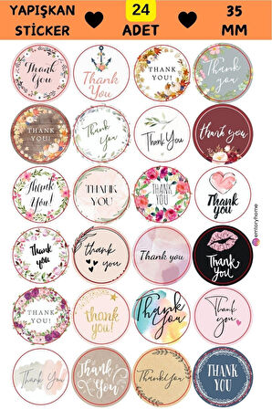 24 Adet - 24 Çeşit Thank You Sticker - Teşekkür Sticker - Paketleme Sticker - Hediye Paketi Sticker 