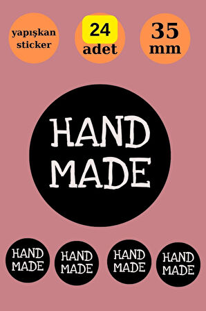 24 Adet - Siyah Handmade Sticker -Paketleme Sticker - Teşekkür Etiketi- Yuvarlak Sticker - 