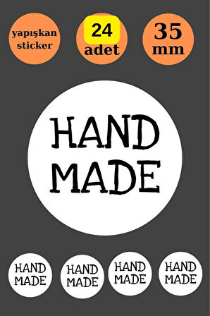 24 Adet Beyaz Handmade Sticker -Paketleme Sticker - Teşekkür Etiketi- Yuvarlak Sticker - El Yapımı S