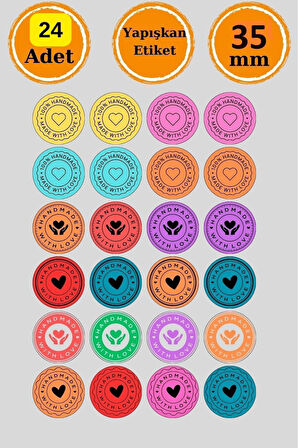 24 Adet - Handmade With Love Sticker - Paketleme Sticker - Handmade Sticker - Hediye Sticker
