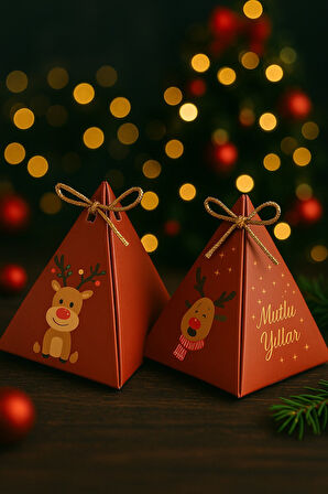 Kırmızı Geyik Konsept 10'lu Piramit Kutu - Hediye Kutusu - Yılbaşı Kutusu - Yılbaşı Hediyesi