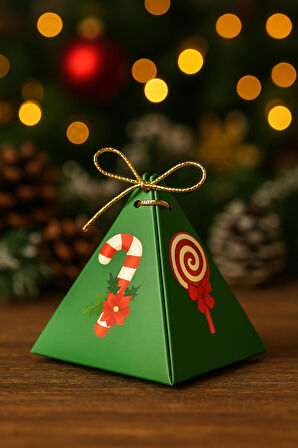 Şeker Kamışı Yeşil 10'lu Piramit Kutu - Hediye Kutusu - Ağaç Süsü - Yılbaşı Kutusu - Yılbaşı Hediye